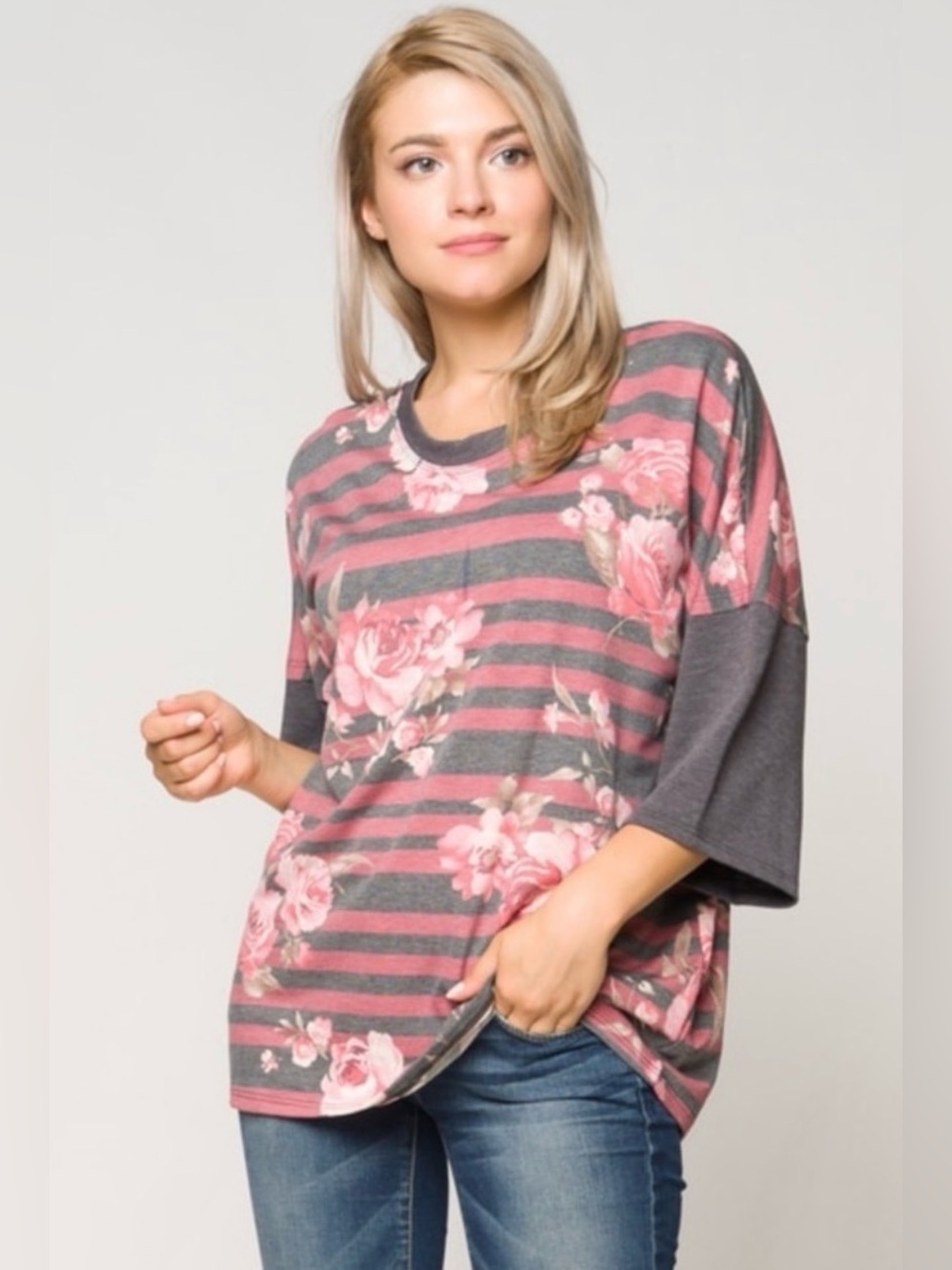 Crépas Relaxed Fit Oversized Pink and Gray Striped Floral Top, M